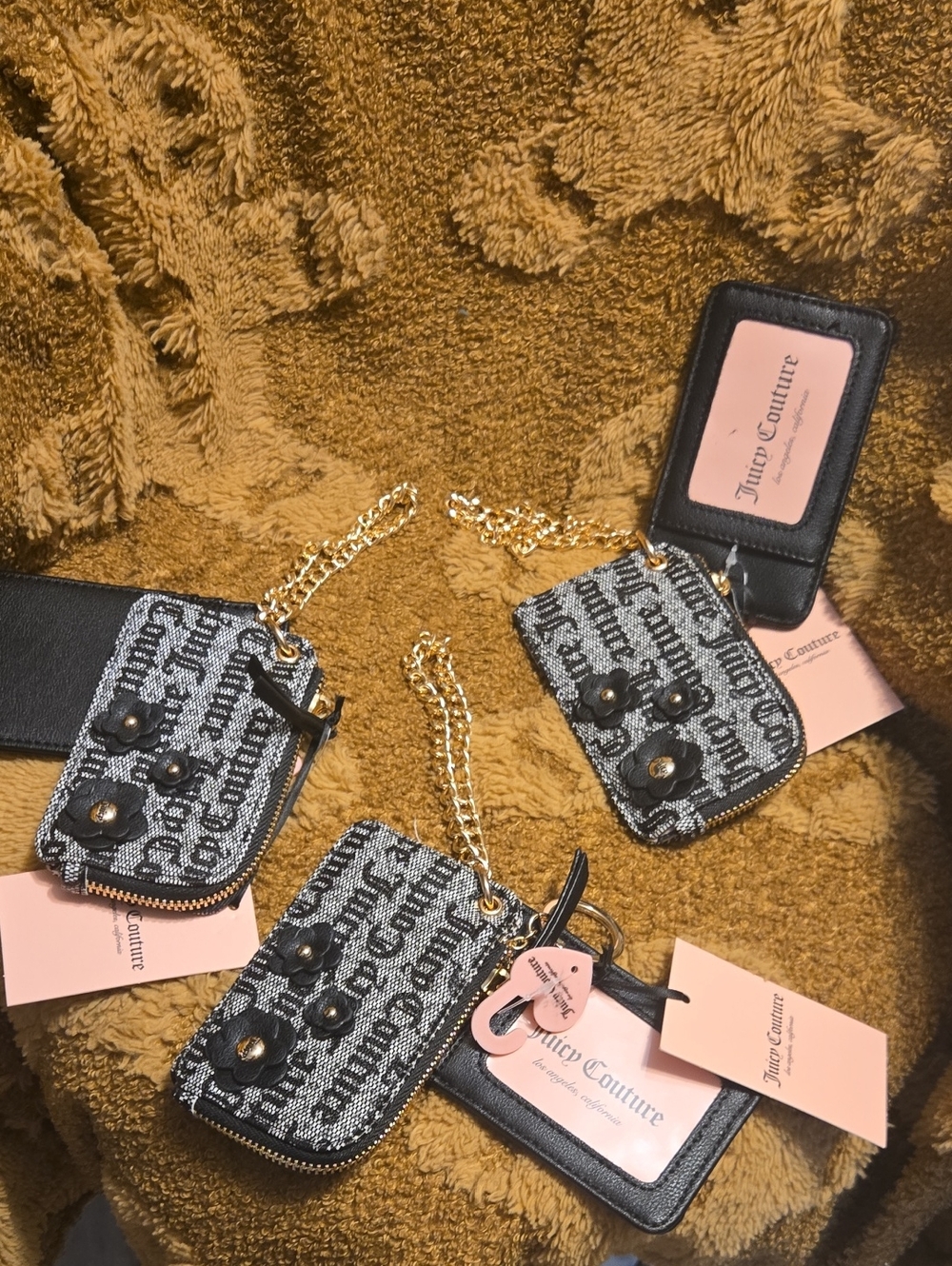 BUNDLE" 3 Juicy Couture Black & Pink Logo Card Holders with Gold Chain Accents